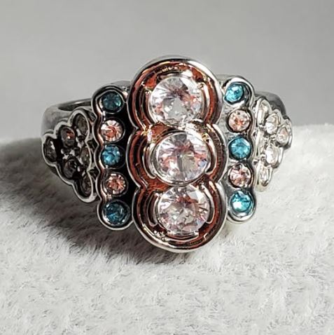 R669 Silver Triple Gem Blue Rhinestone Ring - Iris Fashion Jewelry