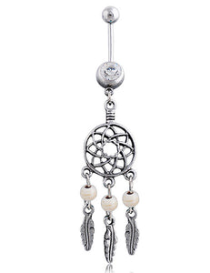 P160 Silver Dreamcatcher White Bead Belly Button Ring - Iris Fashion Jewelry