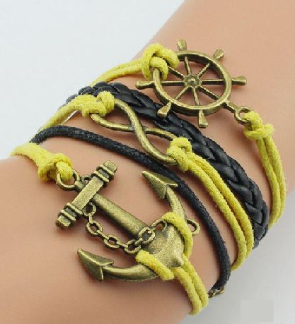 B1208 Yellow Anchor Ship Wheel Leather Layer Bracelet - Iris Fashion Jewelry