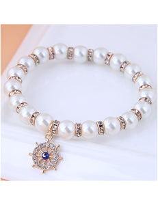 B1257 Ship Wheel Pearl Rhinestone Bead Bracelet - Iris Fashion Jewelry