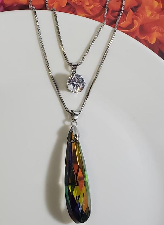 AZ656 Silver Multi Color Gem Necklace with FREE EARRINGS