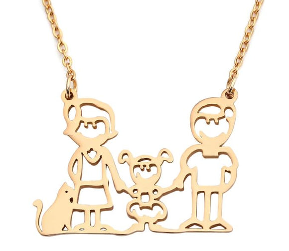 AZ441 Gold Girl & Cat Family Necklace with FREE EARRINGS