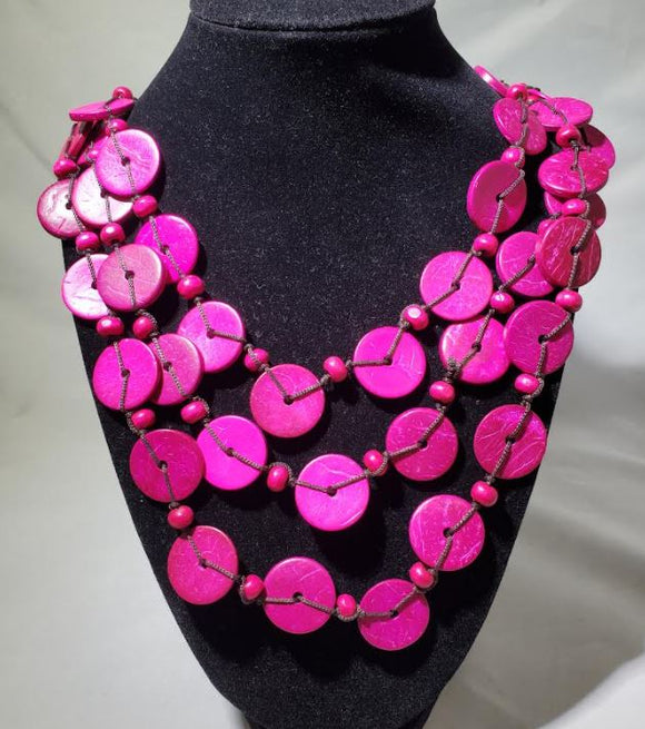 N2021 Hot Pink Wooden Disks Necklace with FREE EARRINGS - Iris Fashion Jewelry