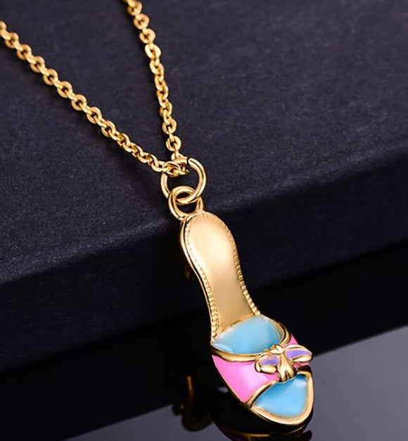 AZ294 Gold Pink & Blue High Heel Necklace with FREE EARRINGS