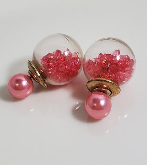 AZ1196 Pink Pearl Gem Filled Ball Earrings