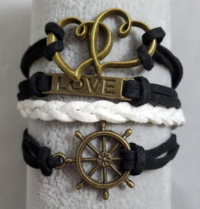 AZ1459 Black & White Heart Love Ship Wheel Infinity Layer Leather Bracelet