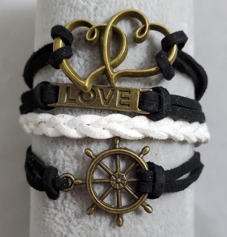 AZ1459 Black & White Heart Love Ship Wheel Infinity Layer Leather Bracelet