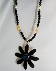 AZ1532 Black Flower Blue Gem Necklace with FREE Earrings