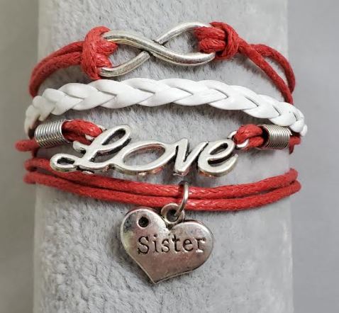 AZ1352 Red & White Sister Heart Love Infinity Layer Leather Bracelet