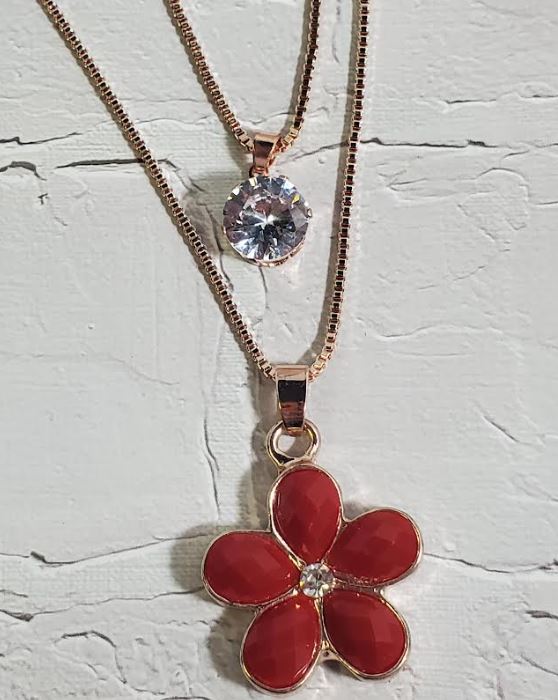 AZ466 Rose Gold Red Gemstone Flower Necklace with FREE EARRINGS