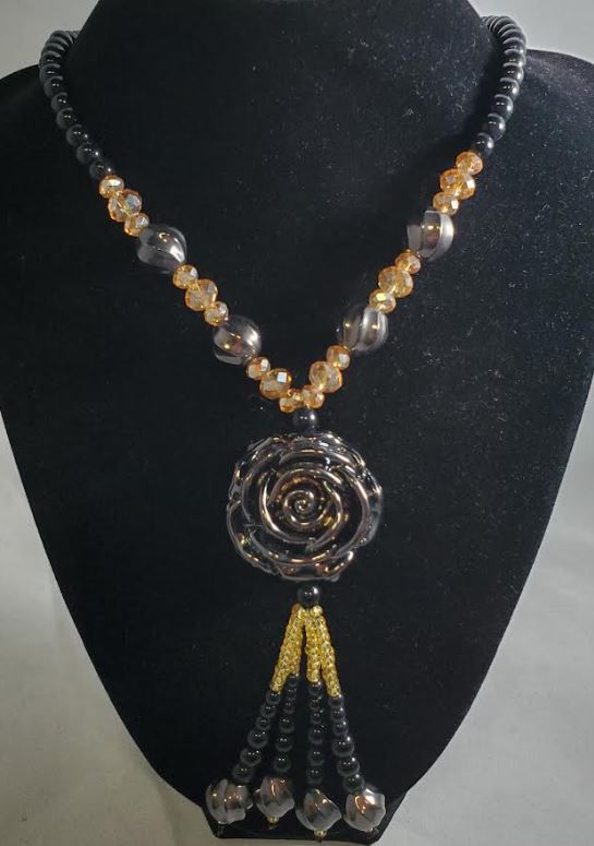 AZ15 Black Bead Gun Metal Rose Glass Long Necklace With Free Earrings - Iris Fashion Jewelry