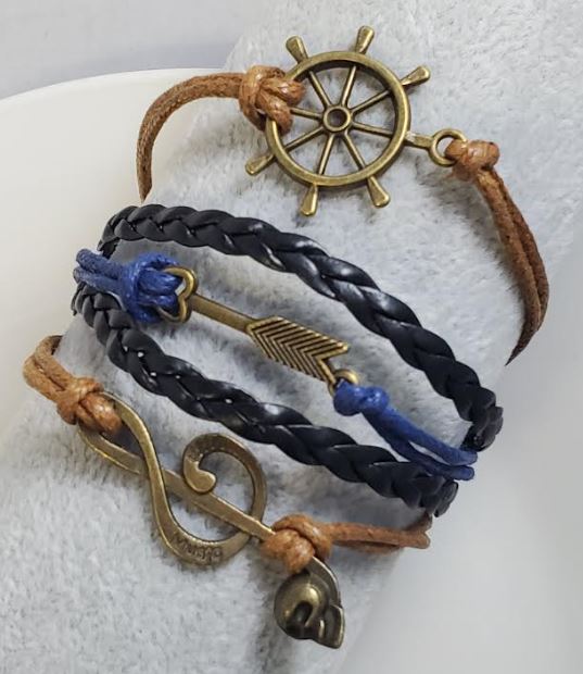 B49 Brown Blue Black Ship Wheel Arrow Music Note Leather Layer Bracelet - Iris Fashion Jewelry