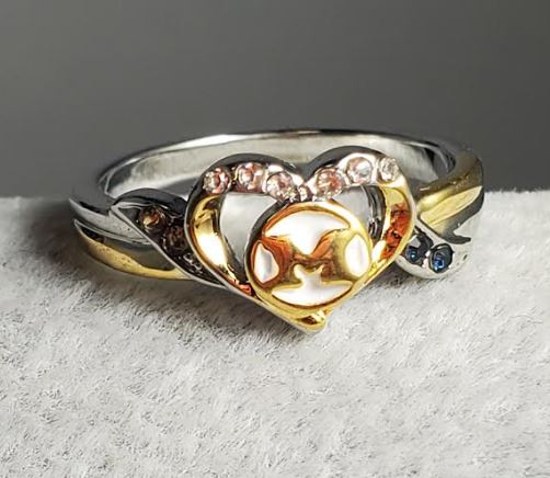 R206 Silver & Gold M Heart Blue & Champagne Rhinestones Ring - Iris Fashion Jewelry