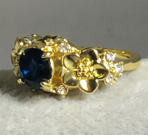 R126 Gold Blue Gemstone Flower Rhinestone Ring - Iris Fashion Jewelry