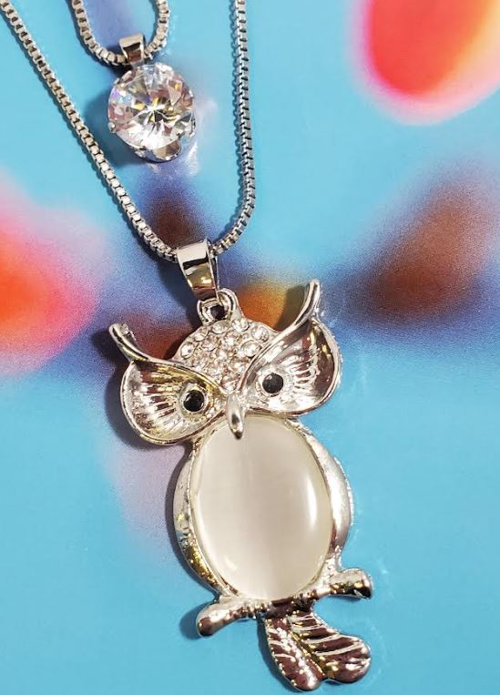 AZ326 Silver Moonstone Owl Necklace with FREE Earrings