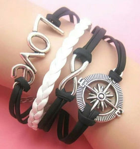 AZ1232 Black & White Compass Love Infinity Layer Leather Bracelet