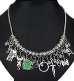 AZ892 Silver 21 Charm Snake Chain Necklace with Free Earrings SUPER VALUE!