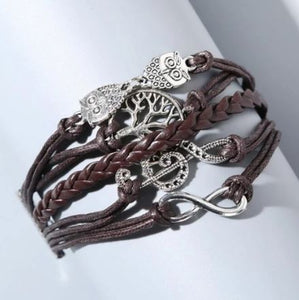 AZ1223 Brown Music Note Tree Owl Infinity Layer Leather Bracelet