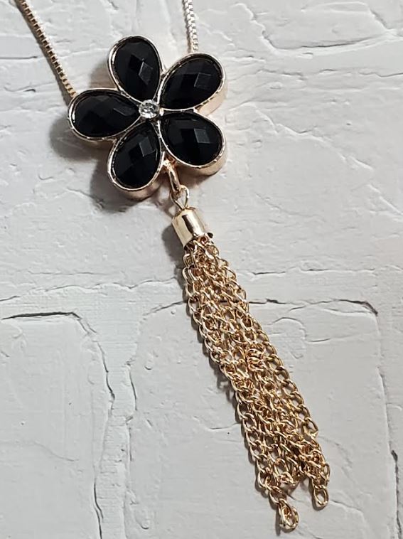 AZ813 Rose Gold Black Flower Tassel Necklace with FREE Earrings