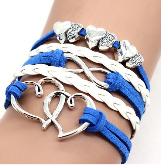 B370 Royal Blue & White Heart Infinity Leather Bracelet - Iris Fashion Jewelry