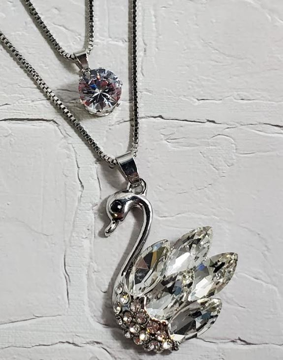 AZ510 Silver Gemstone Swan Necklace with FREE EARRINGS