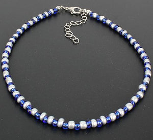 AZ1051 Silver Blue & Silver Seed Bead Choker Necklace with FREE Earrings