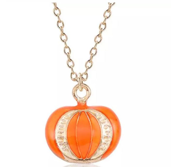 AZ268 Gold Orange Baked Enamel Pumpkin Necklace with FREE EARRINGS