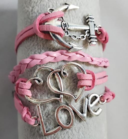 AZ1179 Light Pink Love Anchor Heart Infinity Layer Leather Bracelet