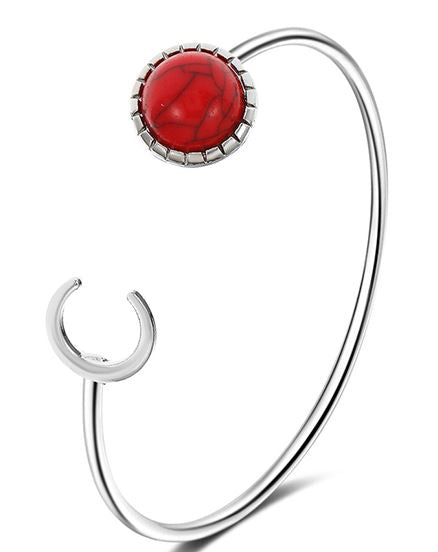 AZ1510 Silver Red Crackle Stone Moon Design Open Bracelet