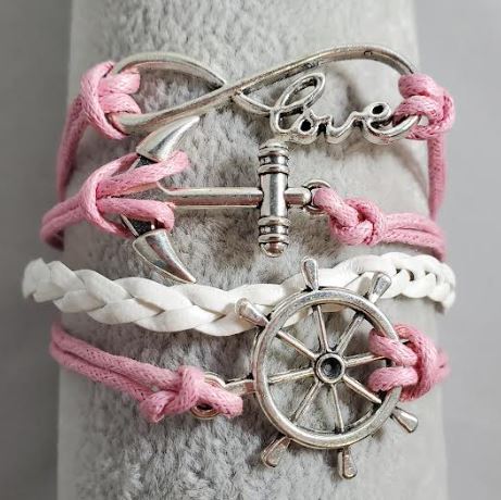 AZ1180 Light Pink & White Love Ship Wheel Anchor Infinity Layer Leather Bracelet