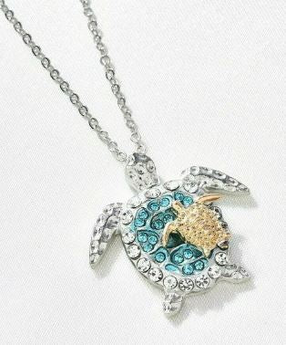 N781 Silver Blue Rhinestone Turtle Necklace FREE Earrings