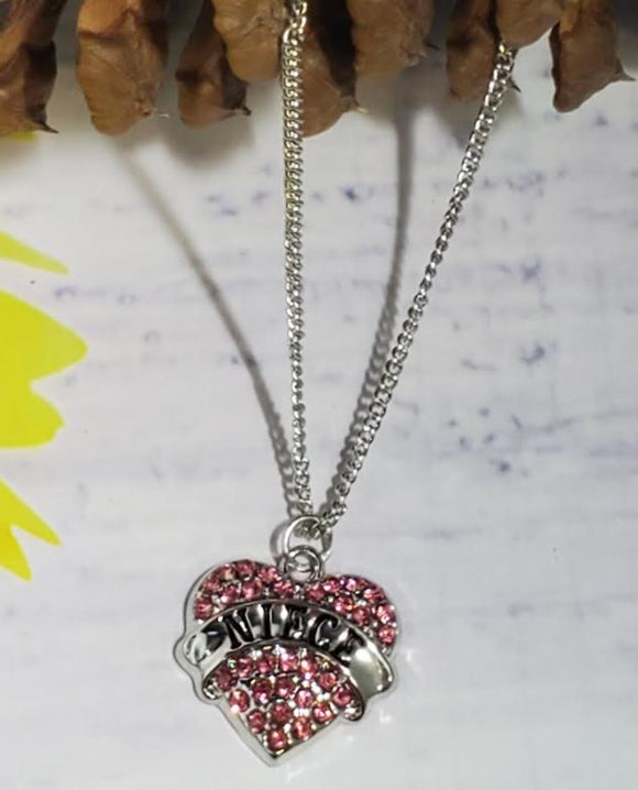 N2198 Silver Niece Pink Rhinestone Heart Necklace With Free Earrings - Iris Fashion Jewelry