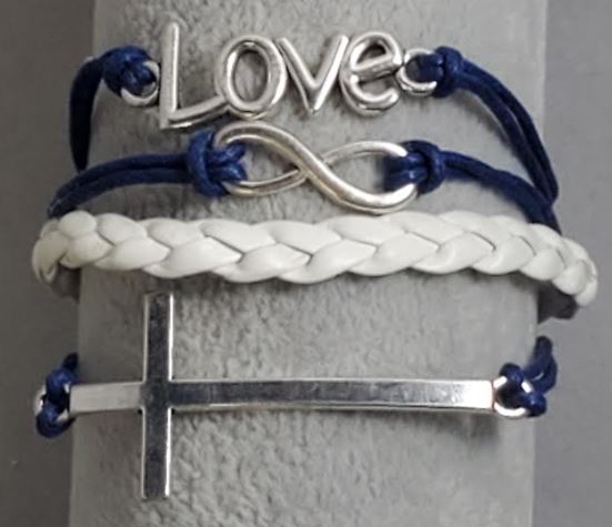 AZ154 Blue & White Love Cross Infinity Leather Layer Bracelet