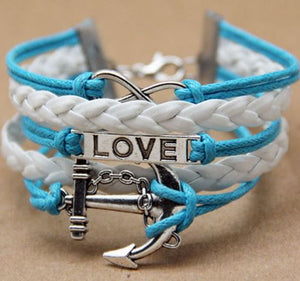 AZ1314 Turquoise Blue Love Anchor Infinity Layer Leather Bracelet