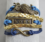 AZ1293 Blue & Gold Owl Hope Infinity Layer Leather Bracelet