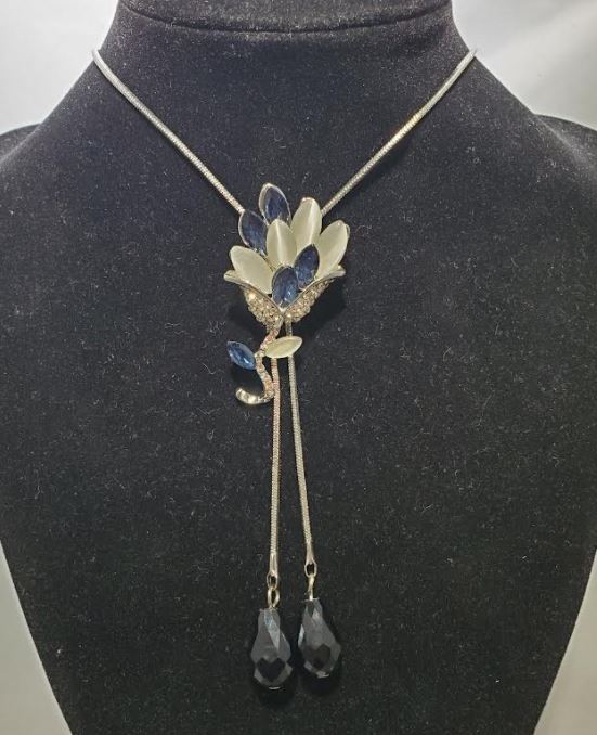 N1719 Silver Blue Gemstone Moonstone Flower Black Gem Adjustable Sweater Necklace with FREE Earrings - Iris Fashion Jewelry