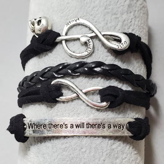 B1298 Black Music Note Infinity Where There's a Will There's a Way Leather Layer Bracelet - Iris Fashion Jewelry