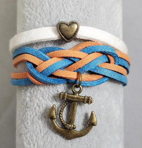 AZ1284 Turquoise & Orange Knot Heart Anchor Infinity Layer Leather Bracelet