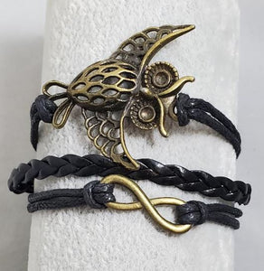 AZ988 Black Owl Infinity Layer Leather Bracelet