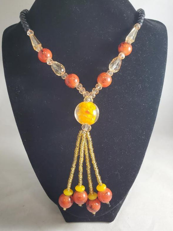 N2145 Orange Crackle Bead Glass Long Necklace With Free Earrings - Iris Fashion Jewelry