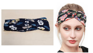 H599 Navy Blue Floral Print Cross Knotted Head Band