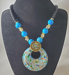 *N310 Black Bead Fashion Blue Open Circle Glass Pendant Long Necklace With Free Earrings - Iris Fashion Jewelry