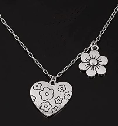 AZ93 Silver Heart Flower Imprint Necklace with FREE Earrings