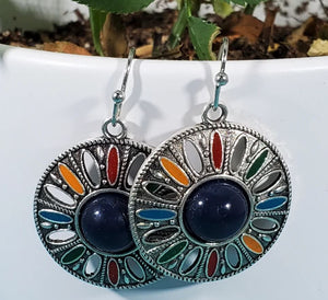 E555 Silver Navy Blue Gem Bohemian Style Earrings