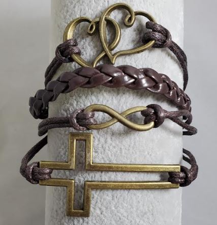 AZ1008 Brown Cross Heart Infinity Layer Leather Bracelet