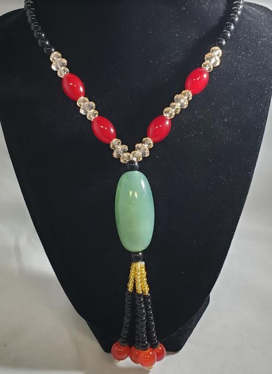 AZ20 Black Bead Sage Green Glass Long Necklace With Free Earrings - Iris Fashion Jewelry