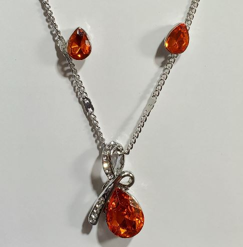 *N1345 Silver Rhinestones Orange Gemstone Necklace with FREE Earrings