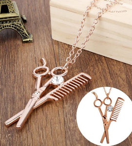 AZ852 Rose Gold Scissor Comb Hair Dresser Necklace with FREE EARRINGS