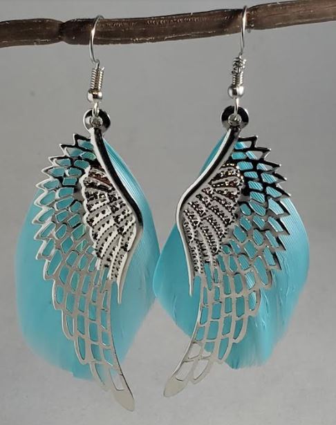 *E594 Large Silver Wing with Fashion Blue Feather Earrings