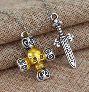 AZ101 Silver Gold Accent Skull & Sword Necklace with FREE EARRINGS - Iris Fashion Jewelry